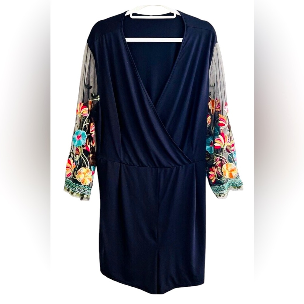 Shein Black Stretchy Lightweight Romper with Floral sheer Sleeves size 4XL